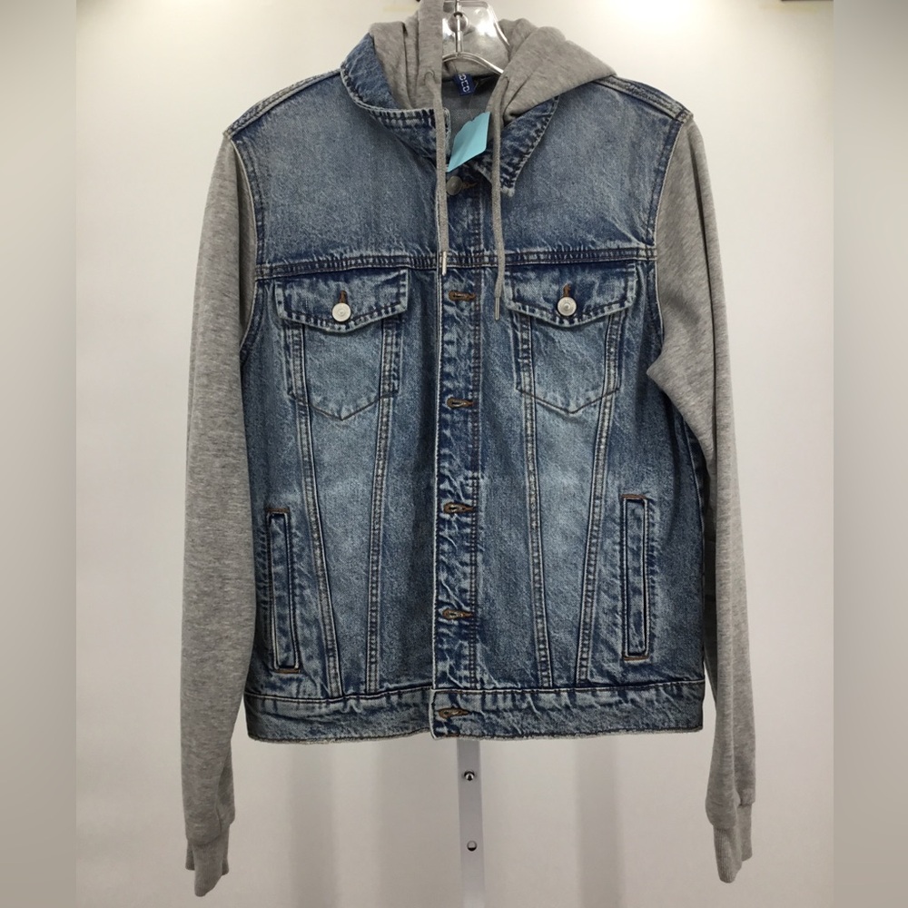 DIVIDED Button Up Jean Jacket With Gray Sweat Sleeves And Hood Size S